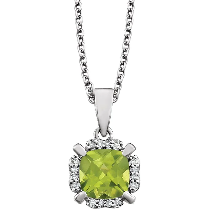 ladies-modern-gold-necklaces-Cushion Peridot & Diamond Necklace in 14k White Gold, 18 Inch