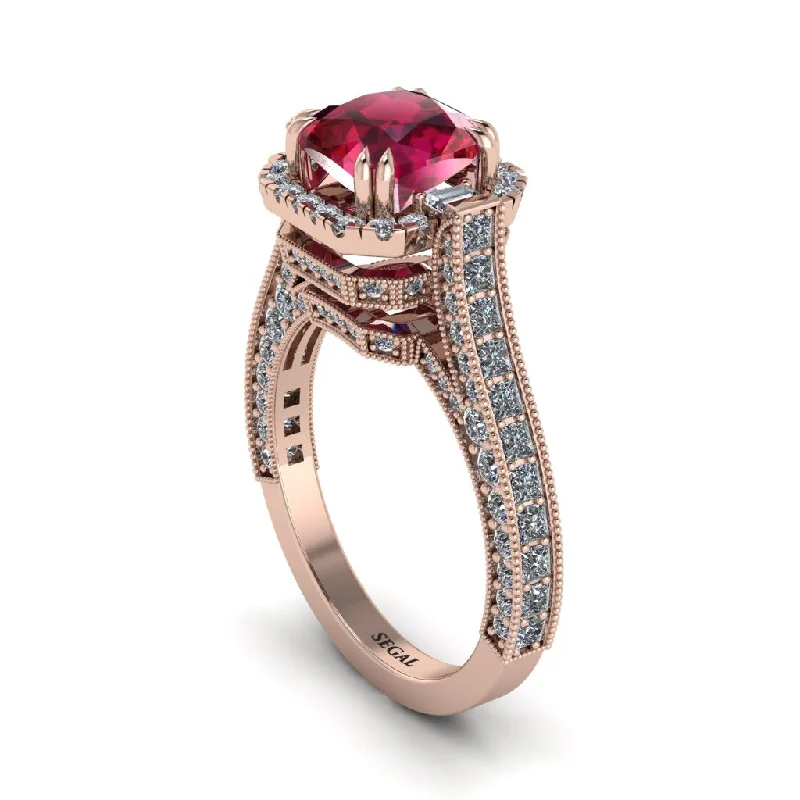 Ladies engagement rings for visionary couples -Ruby Three Halo Milgrain Engagement Ring - Mira No. 11