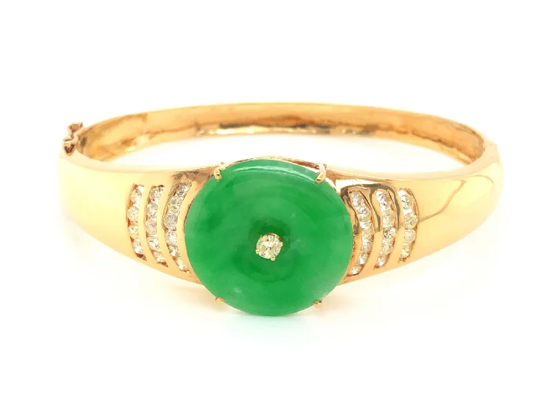 ladies-birthstone-link-bracelets-Green Jadeite Jade and Diamond Hinged Bangle Bracelet in 18k Yellow Gold