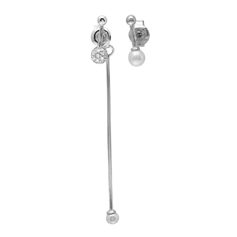 Ladies earrings with gray shungite -Rhodium Plated 925 Sterling Silver Asymmetrical Front and Back Pin Earrings with CZ and Synthetic Pearl - GME00092RH