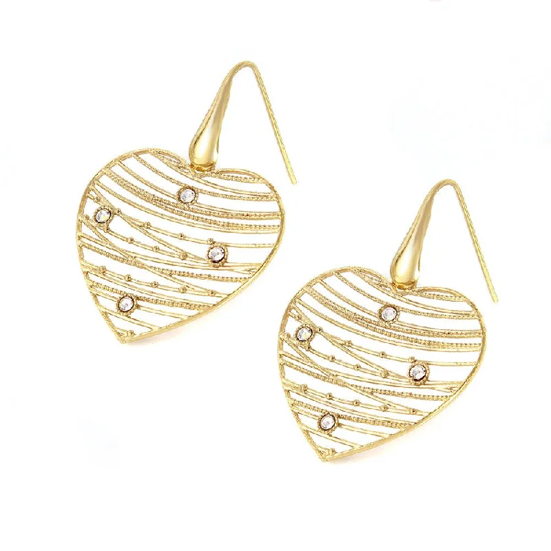 Ladies earrings for cozy dates -Clearance-Silver 925 Gold Plated Webbed Open Heart Earrings - ITE00064GP