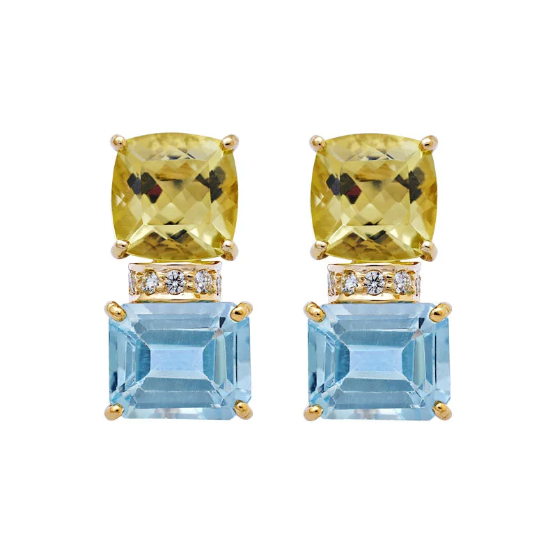 Ladies earrings carved studs -Earrings-Blue Topaz, Lemon Quartz and Diamond