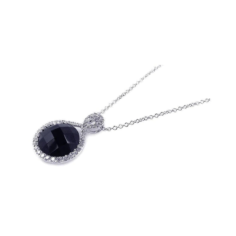 ladies-classic-diamond-necklaces-Silver 925 Rhodium Plated Onyx Circle Pendant Necklace with CZ