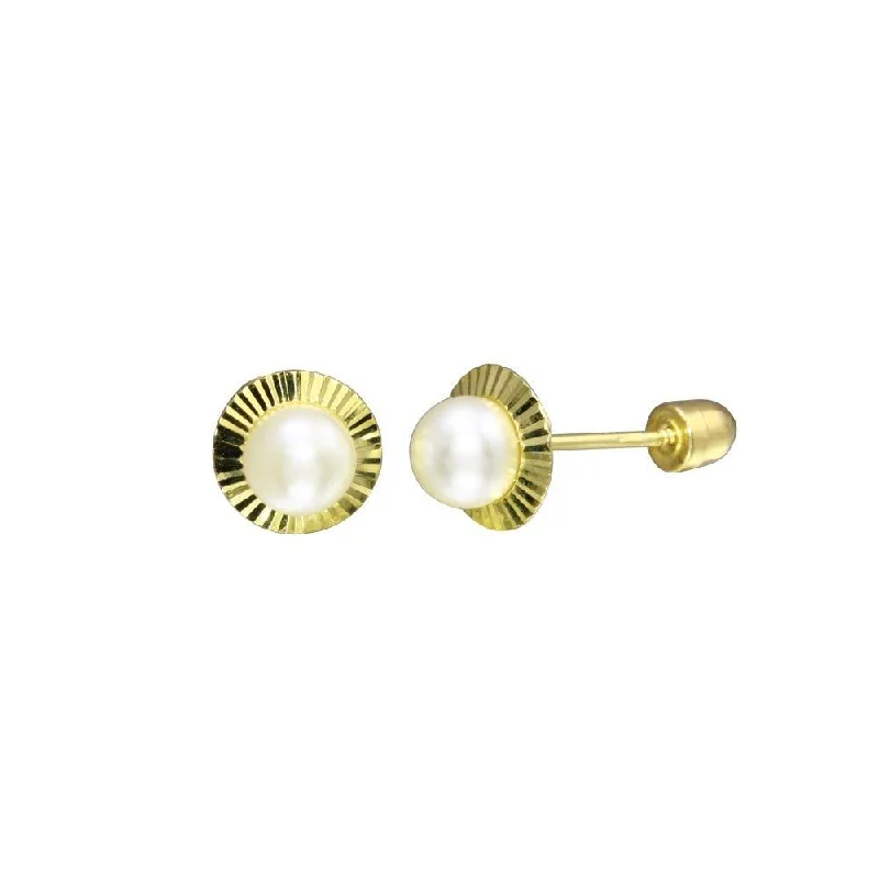 Ladies earrings polished drops -14E00055. - 14 Karat Yellow Gold 4mm Pearl Center Diamond Cut Disc Screw Back Stud Earring