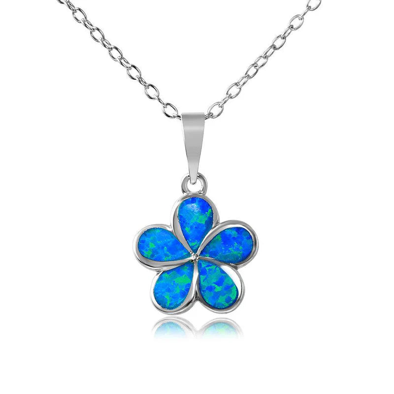 ladies-pearl-long-necklaces-Silver 925 Rhodium Plated Blue Opal Stone Hibiscus Flower Necklace