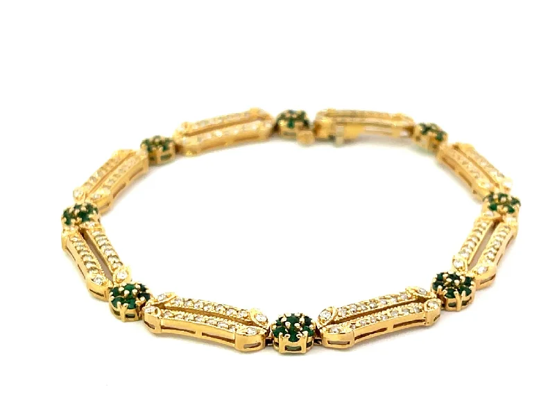 ladies-crystal-chain-bracelets-Emerald Flower and Diamond Link Bracelet in 14k Yellow Gold