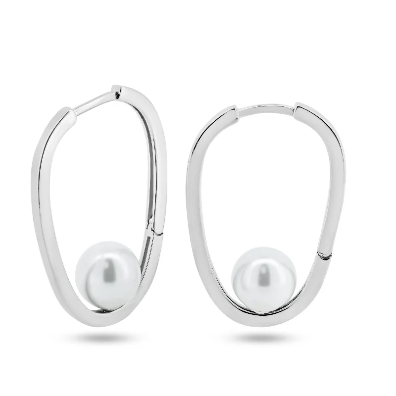 Ladies earrings for mentors -Rhodium Plated 925 Sterling Silver Pearl Hoop Earrings - GME00125