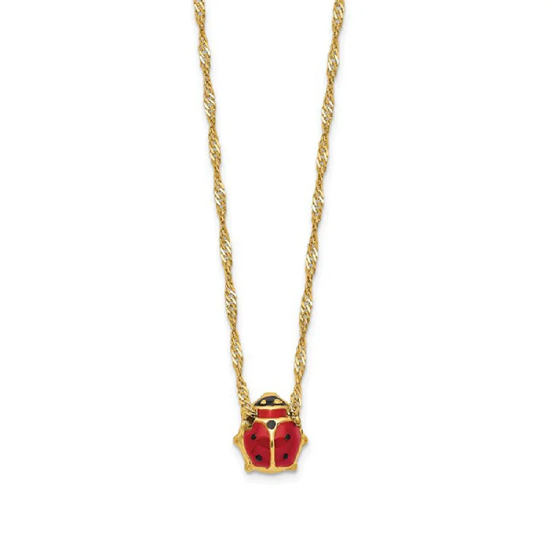 ladies-silver-long-necklaces-7mm 3D Ladybug 16 Inch Necklace in 14k Yellow Gold and Enamel