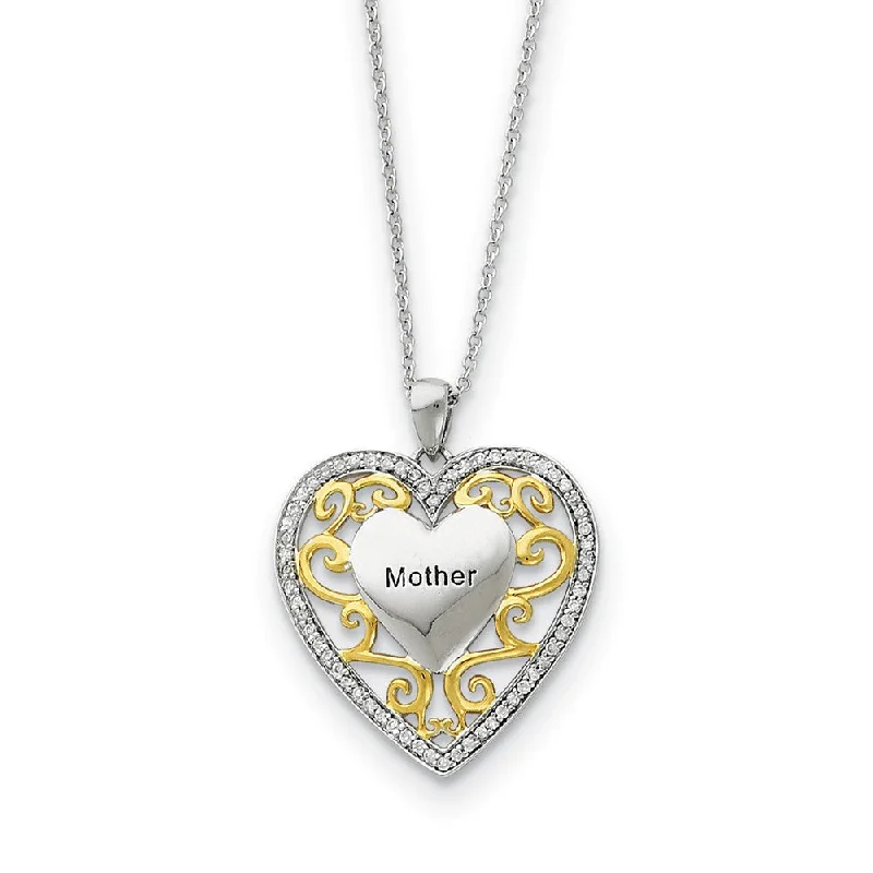 ladies-gold-tassel-necklaces-Rhodium & Gold Tone Plated Silver & CZ Mother Heart Necklace, 18 Inch