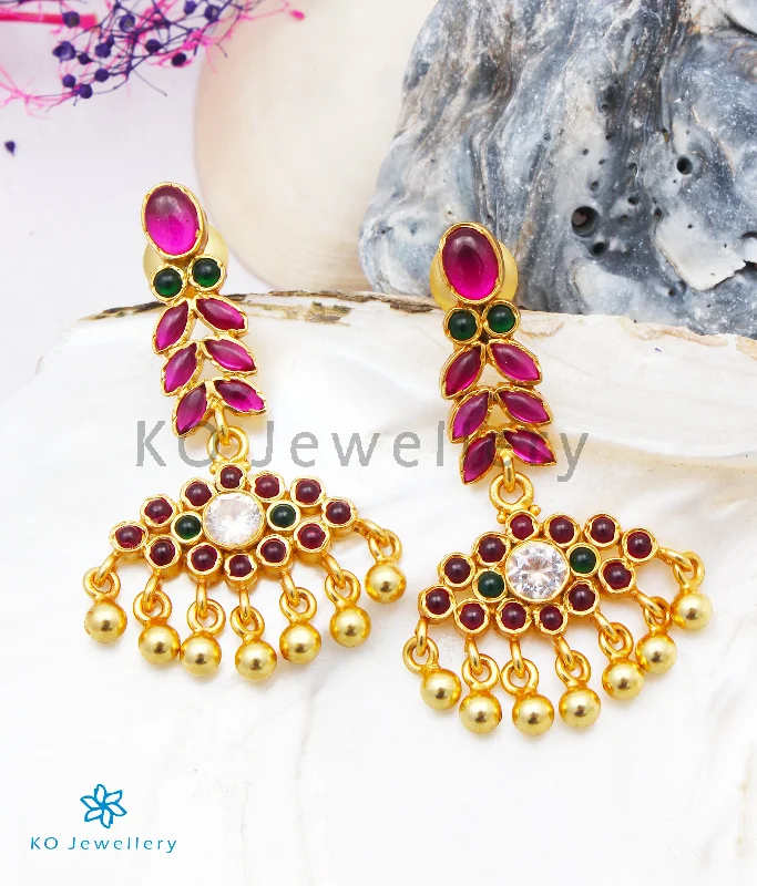 Ladies earrings with dove charms -The Varsha Silver Kempu Earrings (Red/Green)