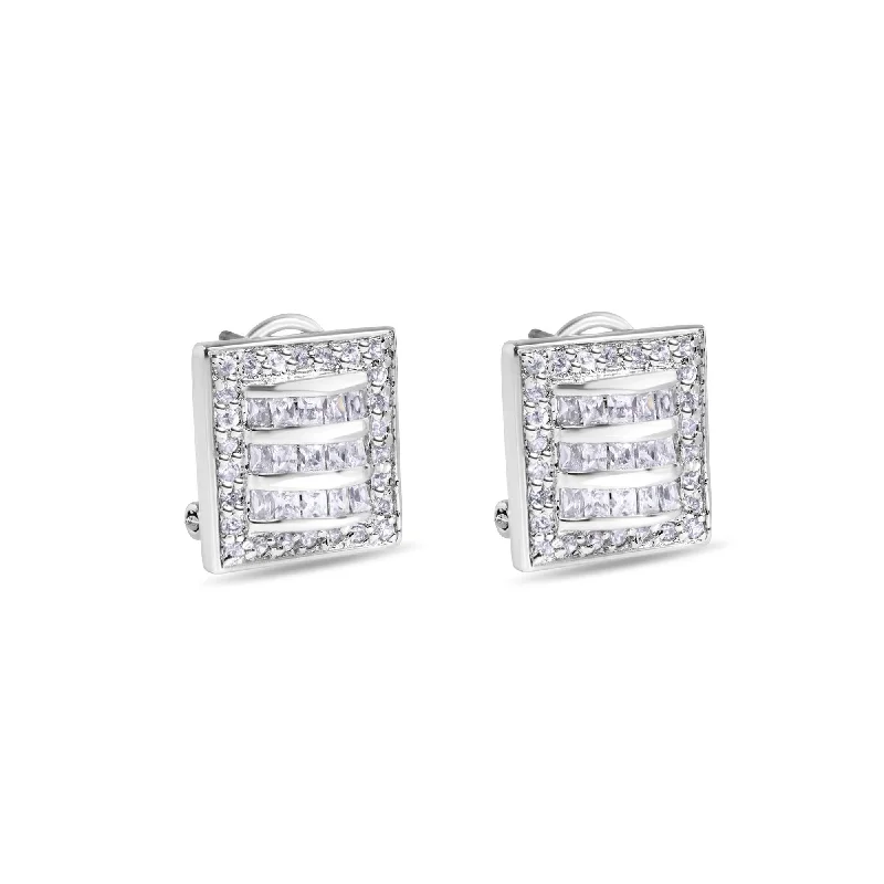 Ladies earrings with gate drops -Final Price-Rhodium Plated 925 Sterling Silver Square Linear Design Clear CZ Lever back Earrings - STEM132