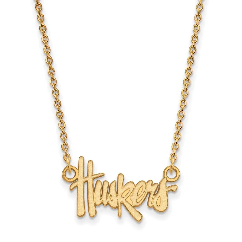 ladies-minimalist-gold-necklaces-14k Gold Plated Silver U of Nebraska Sm Huskers Pendant Necklace