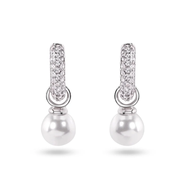 Ladies earrings with smoky quartz -Sterling Silver Rhodium Plated Dangling Pearl Clear CZ Hoop Earrings - STE01373