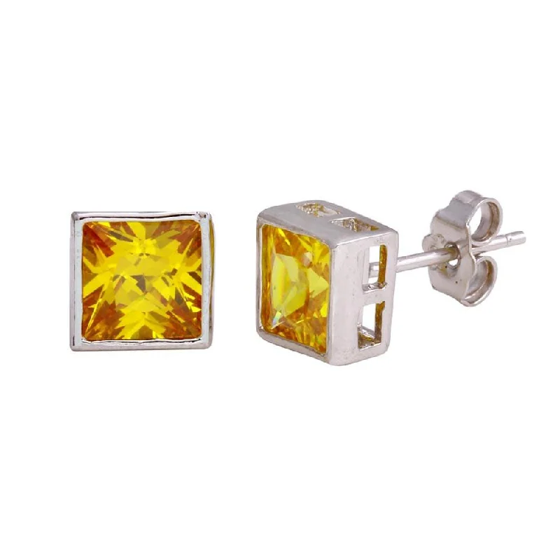 Ladies earrings for cocktail vibes -Final Price-Rhodium Plated 925 Sterling Silver Square Yellow CZ Stud Earring - STEM151-9MM