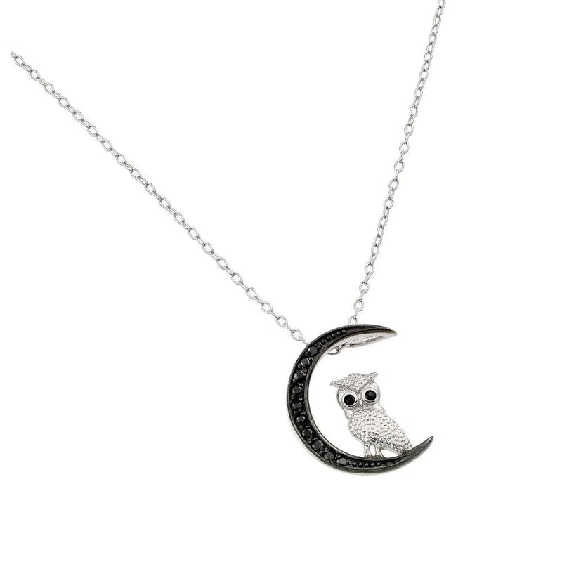 ladies-moon-diamond-necklaces-Silver 925 Black Rhodium Plated Moon and Owl Pendant Necklace