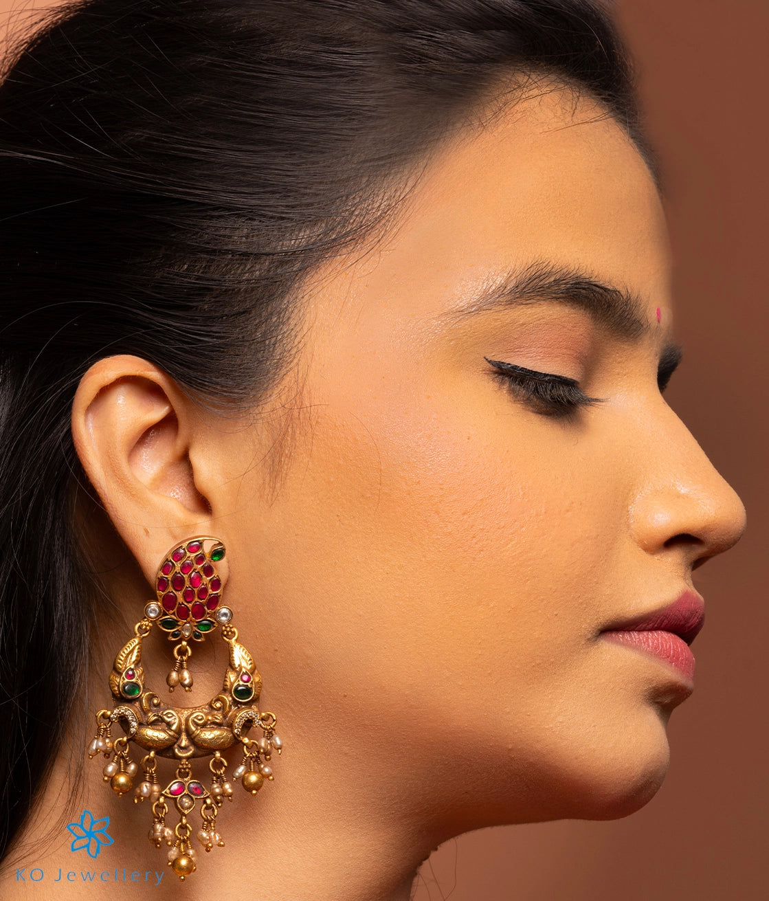 Ladies earrings with plum lepidolite -The Peshkash Silver Jadau Peacock Chand Bali Earrings