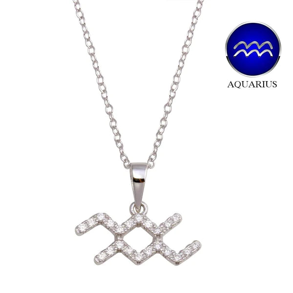 ladies-custom-rose-gold-necklaces-Silver 925 Rhodium Plated Aquarius CZ Zodiac Sign Necklace