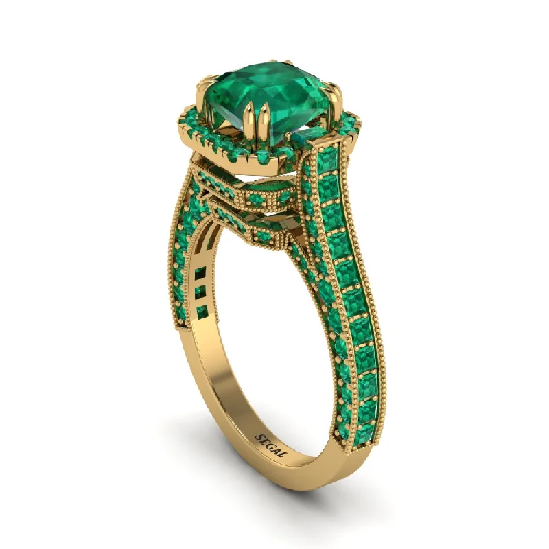 Ladies engagement rings with etched initials -Emerald Three Halo Milgrain Engagement Ring - Mira No. 19