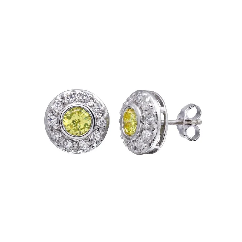 Ladies earrings with petal charms -Final Price-Rhodium Plated 925 Sterling Silver Round Halo Yellow and Clear CZ Stud Earring - STEM057