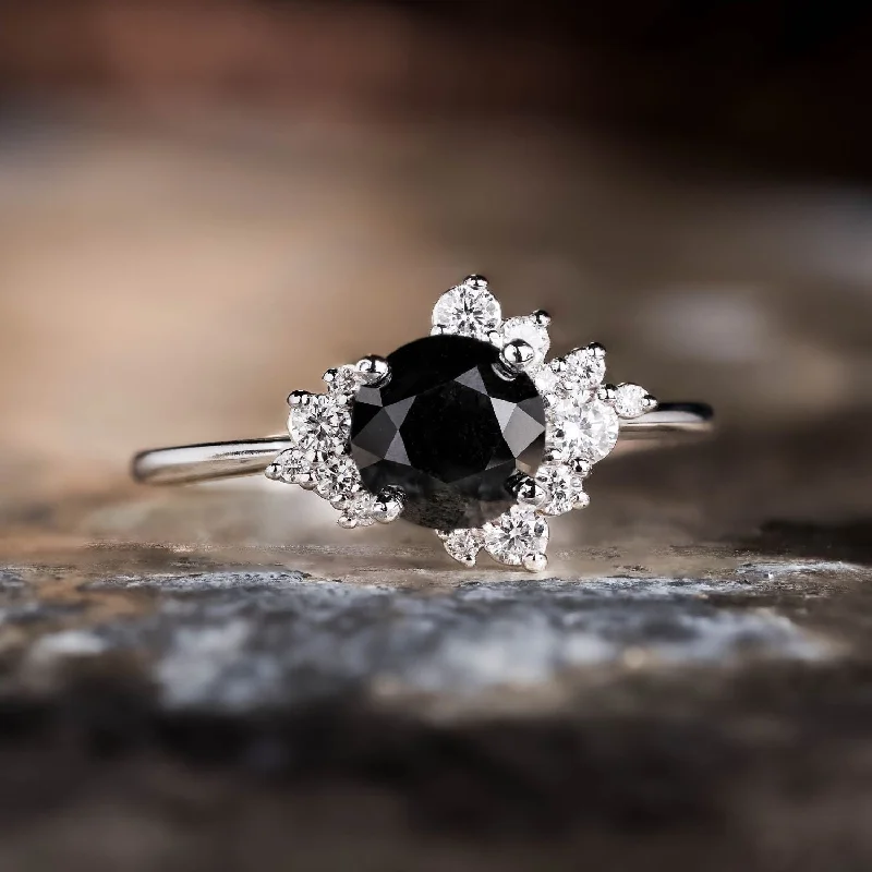 Ladies engagement rings for iconic proposals -The Nova - Celestial Natural Black Diamond Engagement Ring with Diamond Cluster Accents