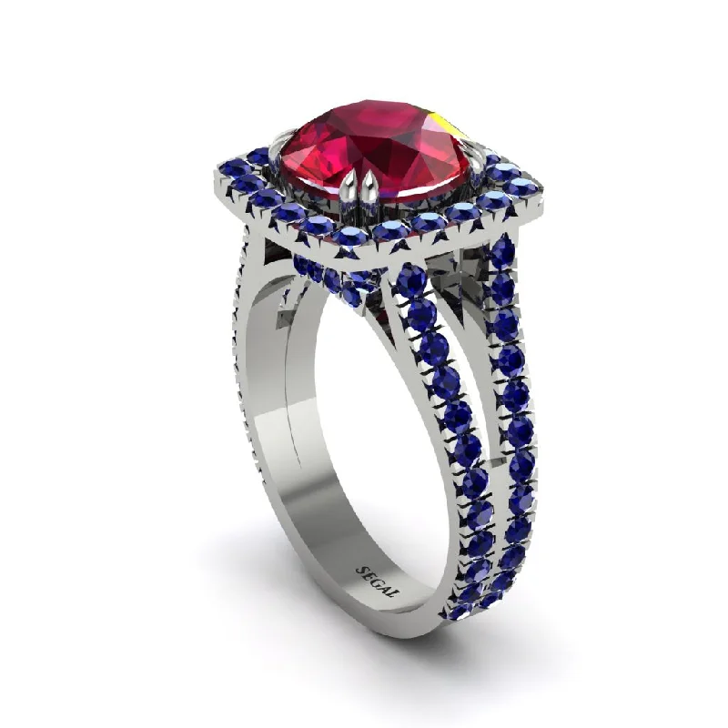 Ladies engagement rings with comet stones -Ruby Pave Split Shank Engagement Ring - Averie No. 72