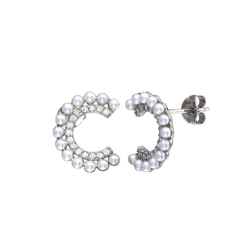 Ladies earrings for award nights -Rhodium Plated 925 Sterling Silver Crescent Pearl CZ Earring - BGE00683