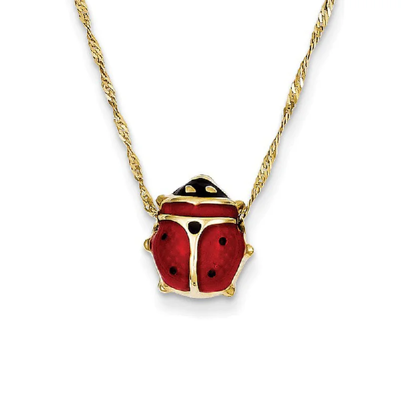 ladies-affordable-diamond-necklaces-10mm 3D Ladybug 16 Inch Necklace in 14k Yellow Gold and Enamel