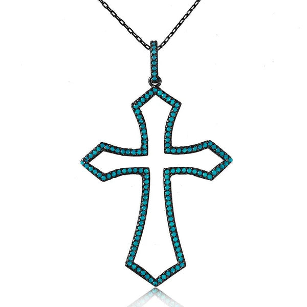 ladies-affordable-silver-necklaces-Silver 925 Black Rhodium Open Cross Necklace with Synthetic Turquoise Stone