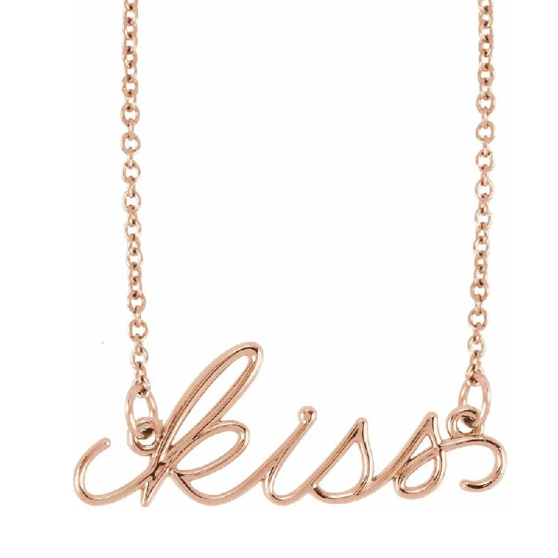 ladies-minimalist-rose-gold-necklaces-14K Yellow, White or Rose Gold Petite Kiss Script Necklace, 16 Inch