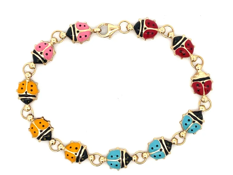 ladies-gold-link-bracelets-Colorful Enamel Ladybug Bracelet in 14k Yellow Gold