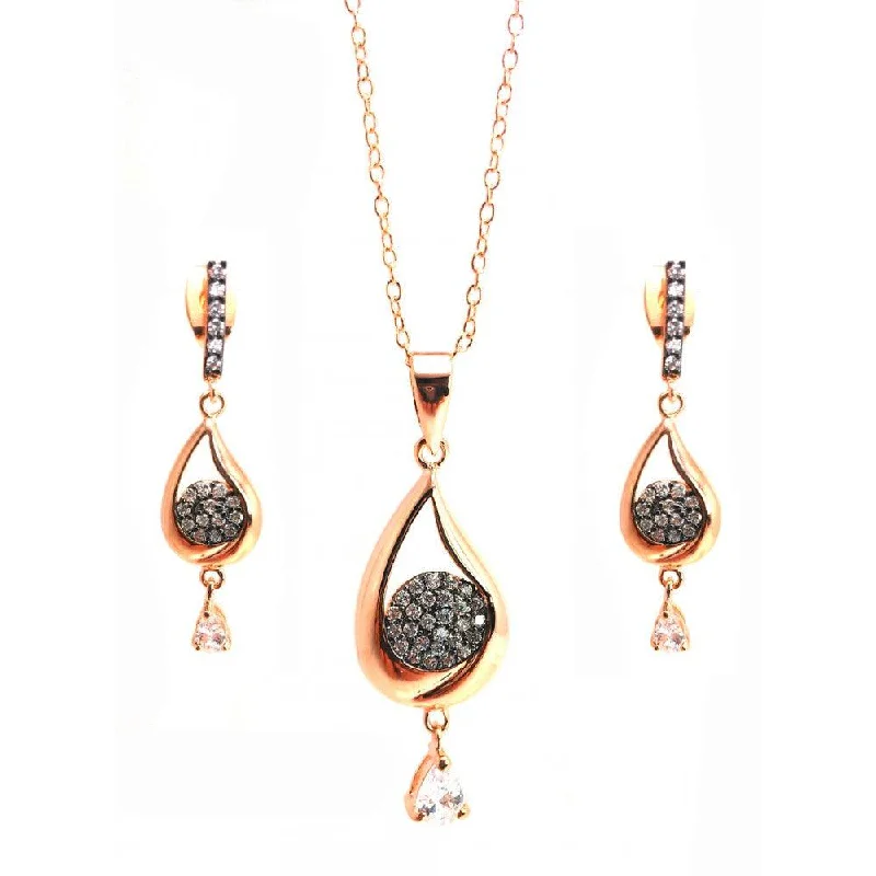 Ladies earrings gypsy flair -Clearance-Silver 925 Black Rhodium and Gold Plated Clear Open Teardrop CZ Dangling Stud Earring and Dangling Necklace Set - BGS00302