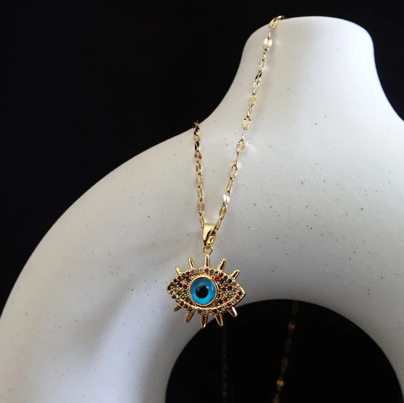 ladies-gemstone-long-necklaces-Evil Eye Necklace - Stainless Steel