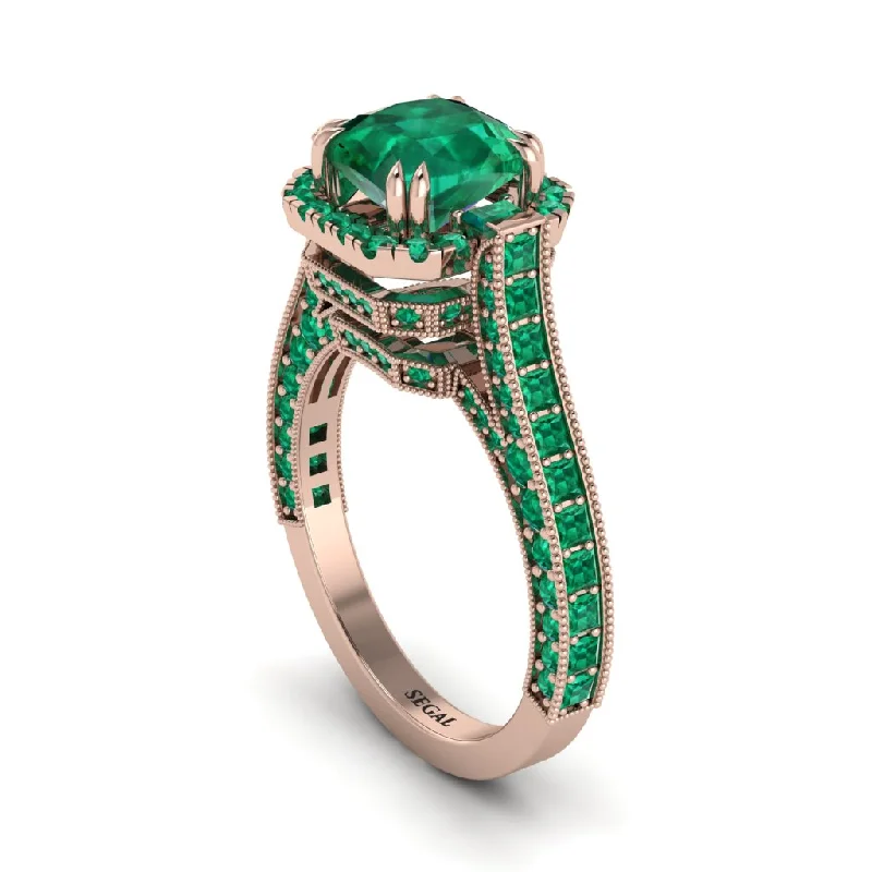 Ladies engagement rings luxury craftsmanship -Emerald Three Halo Milgrain Engagement Ring - Mira No. 20