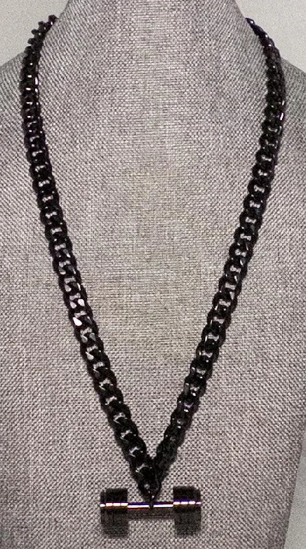 ladies-rustic-pearl-necklaces-Black Dumbbell Necklace with Stainless Steel Cuban Chain Black Enamel