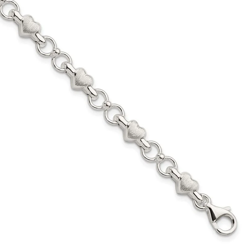 ladies-everyday-pearl-bracelets-Sterling Silver Satin & Polished Heart Chain Bracelet