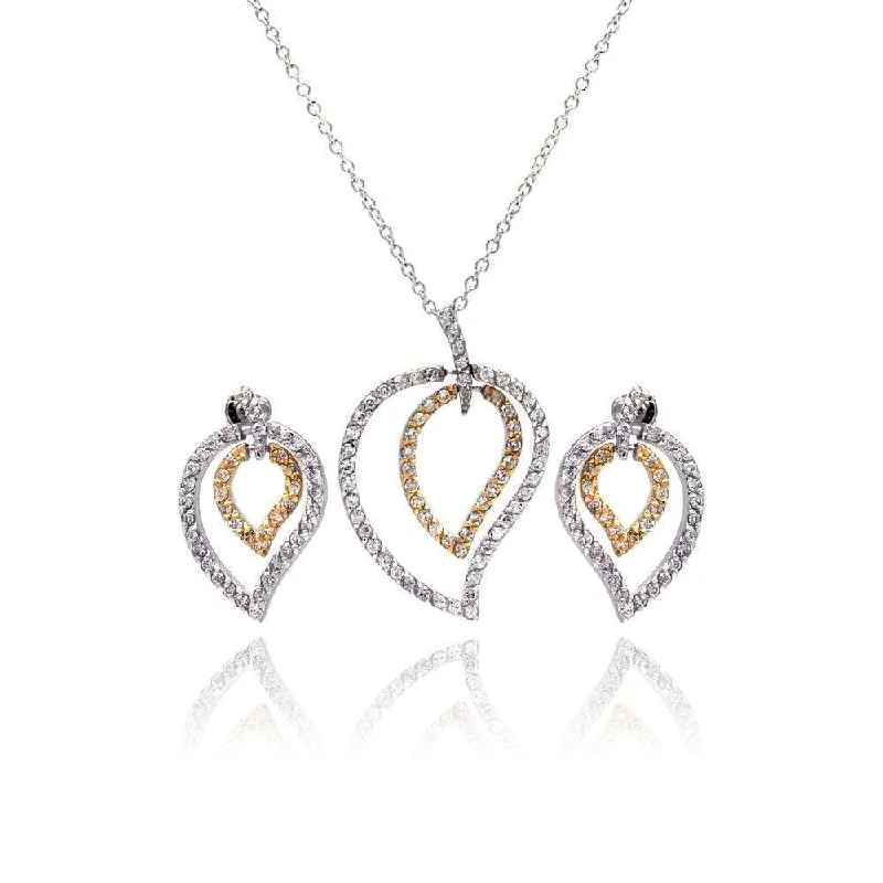 Ladies earrings curved hoops -Clearance-Silver 925 Rhodium and Gold Plated Clear Open Leaf CZ Stud Earring and Dangling Necklace Set - BGS00050