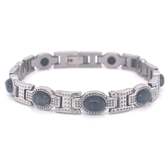 ladies-crystal-bangle-bracelets-Stainless Steel Magnetic and Germanium Bracelet with Black Stones / MBL0035