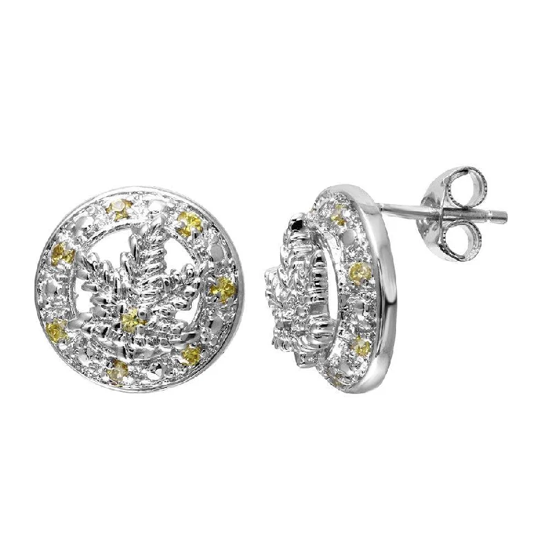 Ladies earrings luminous shine -Final Price-Rhodium Plated 925 Sterling Silver Yellow CZ Marijuana Leaf Stud Earrings - STEM066YLW