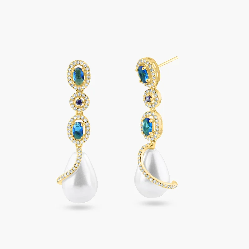 Ladies earrings trendy hoops -Gold Plated 925 Sterling Silver Multi Color CZ Dangling Earring with CZ Wrapped Synthetic Pearls - BGE00544