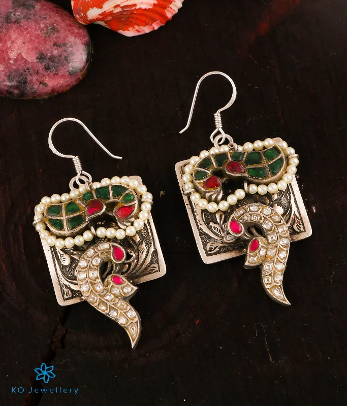 Ladies earrings unique hoops -The Avantika Silver Peacock Kundan Earrings