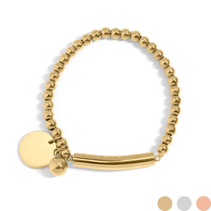 ladies-fashion-pearl-bracelets-18K Gold PVD Stainless Steel Beaded Stretch Bracelet with Engravable Charm / SBB0271