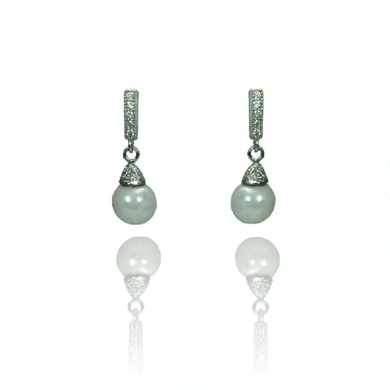 Ladies earrings for dreamers -Silver 925 Rhodium Plated Round Clear CZ Synthetic Pearl Dangling Stud Earrings - STE00902