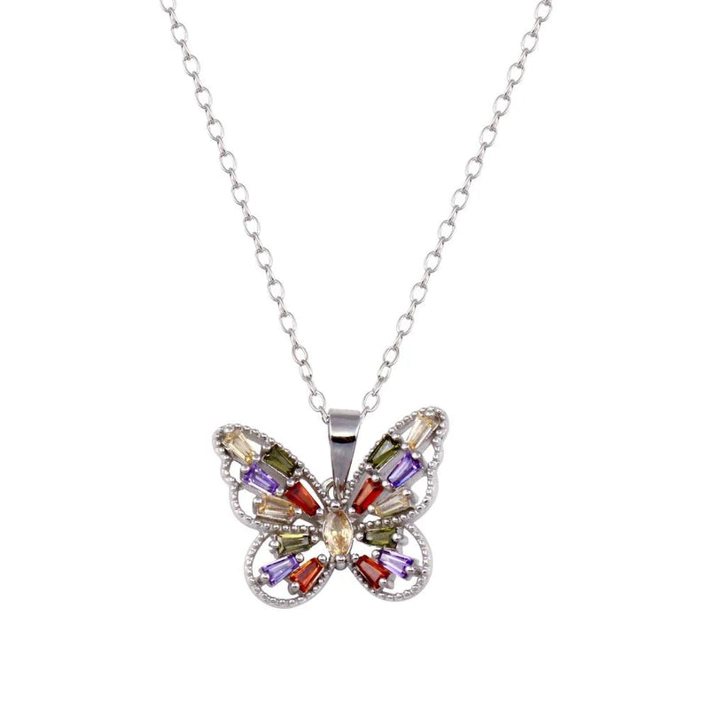 ladies-bohemian-diamond-necklaces-Silver 925 Rhodium Plated Multicolor Baguette Butterfly Necklace