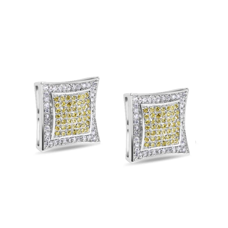 Ladies earrings carved studs -Final Price-Rhodium Plated 925 Sterling Silver Square Yellow and Clear CZ Stud Earring - STEM126