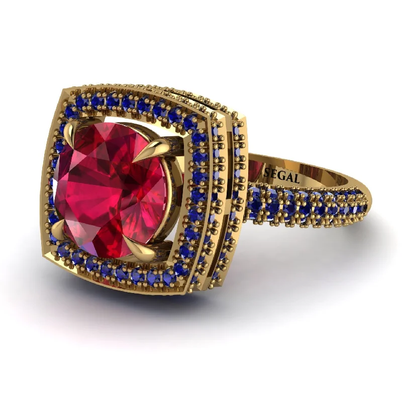 Ladies engagement rings with navy diamonds -Round Ruby Double Halo Engagement Ring - Kayleigh No. 70