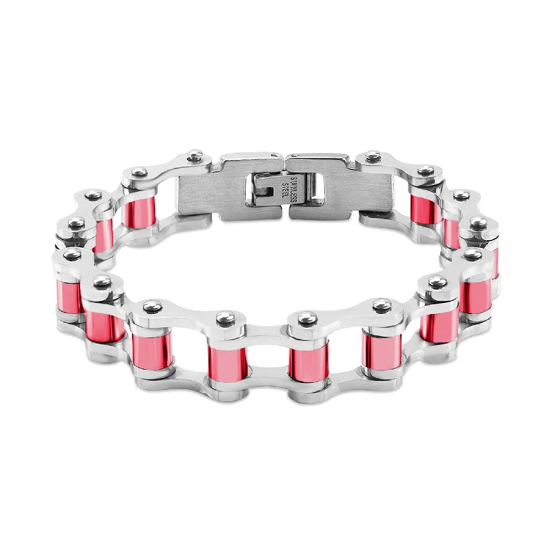 ladies-fashion-diamond-bracelets-Stainless Steel And Pink Bike Chain Bracelet / BRJ2070