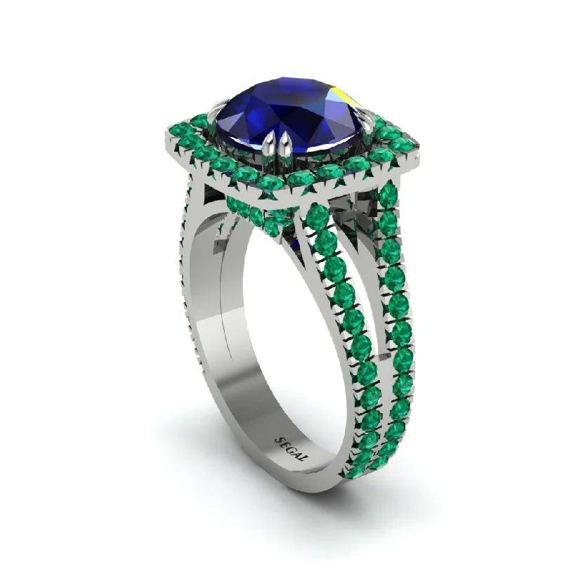 Ladies engagement rings with green diamonds -Sapphire Pave Split Shank Engagement Ring - Averie No. 30