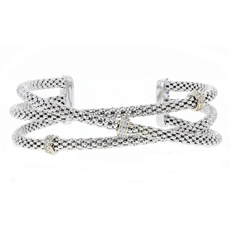 ladies-cross-gold-bracelets-TEXTURED SILVER BANGLE BRACELET WITH GOLD AND DIAMONDS, 1/5 CT TW