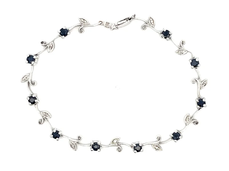 ladies-gemstone-rose-gold-bracelets-Sapphire Flower Diamond Leaf Bracelet in 14k White Gold