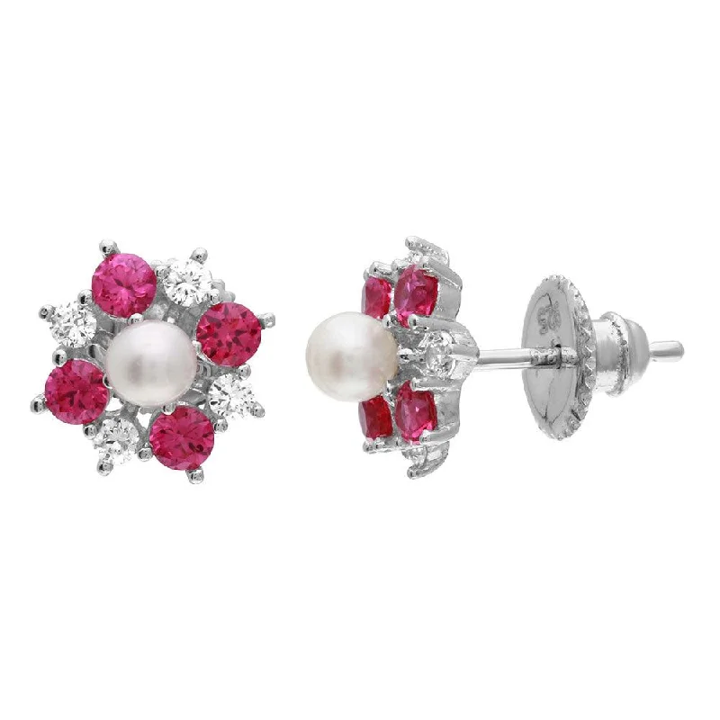 Ladies earrings fancy studs -Silver 925 Rhodium Plated Red CZ Flower Earrings with Center Fresh Water Pearl - GME00065RED